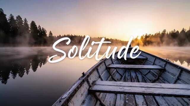 An empty rowboat drifts gently on a misty lake at sunrise