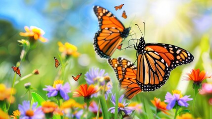Obraz premium Colorful Monarch Butterflies Flying Over a Vibrant Flower Field in Bright Spring Light