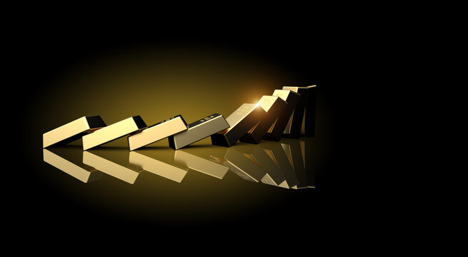 Gold bars falling like dominoes on a black background. Concept of chain reaction and financial instability with falling gold bars arranged like dominoes on a black background.