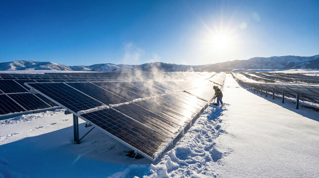 Professional worker cleaning snow from solar panels at a large renewable energy power plant on a sunny winter day, sustainable green energy concept with steam rising from solar farm in snowy