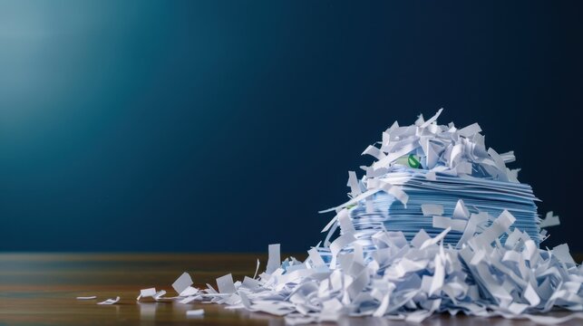 Pile of Shredded Paper Surrounding a Globe on a Wooden Surface in a Professional Office Setting