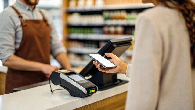 A customer uses a smartphone to make a contactless payment at a store counter with a cashier standing nearby.