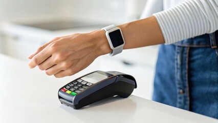 Obraz premium A person uses a smartwatch to make a contactless payment on a card reader at a counter.