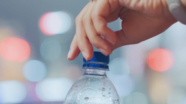 Hand sealing bottle cap with bokeh backdrop, final closure captured in soft evening light as fingers press cap into place, satisfying completion of simple urban ritual with condensation and subtle
