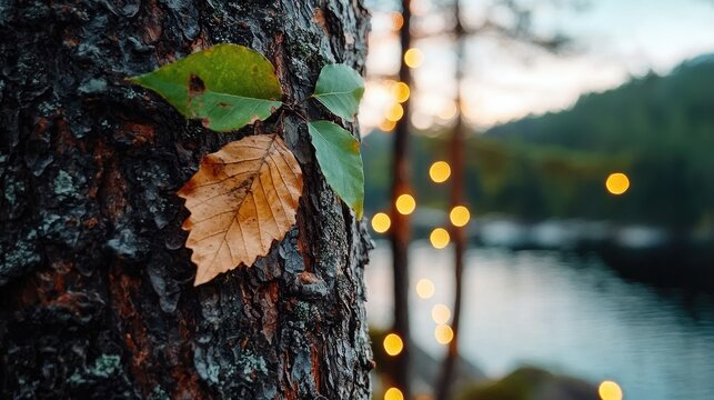 Close up of tree bark with green and autumn leaves wet with dew with blurred forest lake and bokeh lights in background at sunset