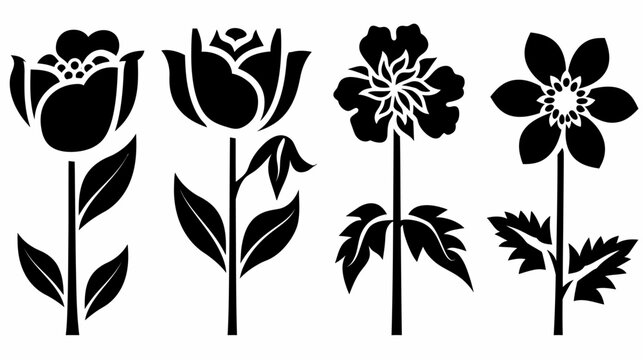 Four silhouette style floral icons, various stem flowers, leaves. Black on white