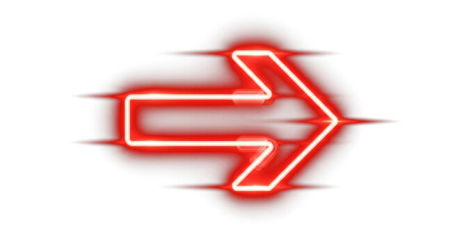Red color bright light neon arrow pointer pointing left with glowing effect on transparent background for stylish designson black background