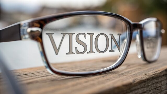 Stylish eyeglasses on wooden surface with the word "VISION" reflected in the lenses in a blurred outdoor background