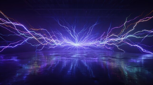 Electric lightning discharge in a dark room with reflective floor