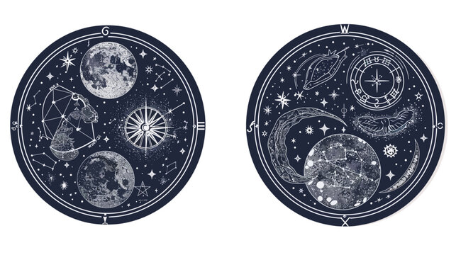 Two astrological circles feature moons, constellations, celestial symbols, and nautical compasses