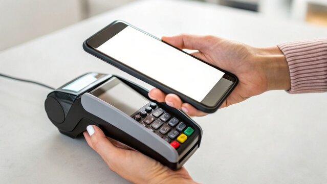 A person is using a smartphone to make a contactless payment on a card reader terminal.