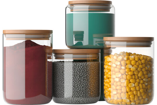Glass jars with wooden lids containing food and powder food storage kitchen containers isolated on a transparent background