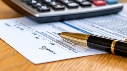 Fototapeta premium Close-Up of Financial Document with Calculator and Pen on Wooden Desk for Tax Preparation and Accounting Purposes