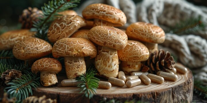 Shiitake mushrooms arranged next to natural herbal supplement capsules, illustrating a concept of alternative medicine.