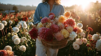 Woman holding a basket of freshly cut dahlias in a flower field at sunset © Anha