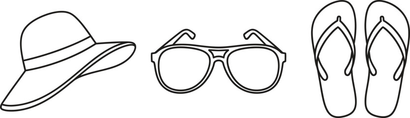 Collection of summer holiday accessories featuring a sun hat sunglasses and flip-flops rendered in a simple outline vector design for travel and beach themes © Zohaib