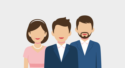 Obraz premium Minimalist illustration of a groom standing between his parents, with a neutral gray background, featuring simple shapes and pastel colors