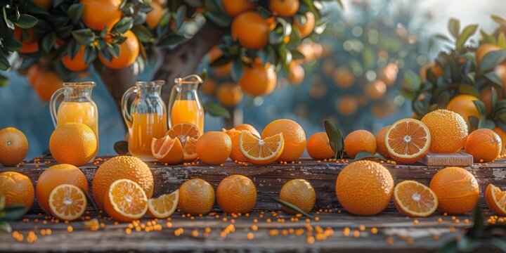 Golden sunlight bathes a rustic table laden with ripe oranges and glass jugs of fresh juice, with orange trees in the background.
