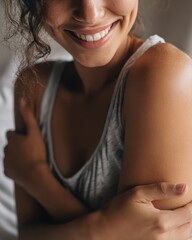 Fototapeta premium Close up portrait of woman with no makeup showing genuine smile in soft home setting with plants, natural beauty celebrated perfect for authentic beauty and self confidence concept