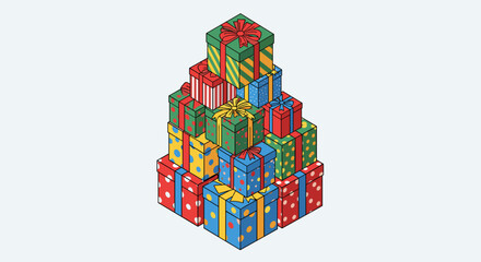 Naklejka premium Colorful stack of wrapped gift boxes arranged in a pyramid shape, featuring vibrant red, green, and blue patterns on a light background, creating a festive atmosphere