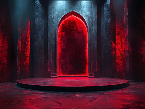 Eerie portal with mystical red glow in dark castle, fantasy ambiance