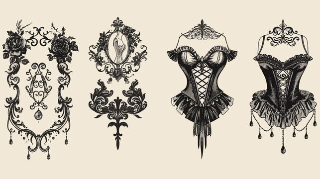 Vintage dark floral ornaments and corsets with lace, beads, and decorative details