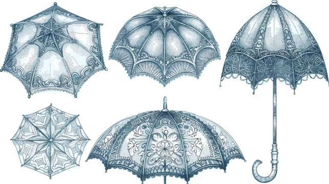 Watercolor of several decorated umbrellas with varying shapes and intricate designs