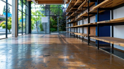 Fototapeta premium Bright and Spacious Interior of an Empty Modern Library with Shelves and Natural Light Streaming In