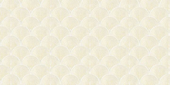 A symmetrical art-deco wallpaper pattern featuring repeating golden fan-shaped motifs on a cream-beige background.