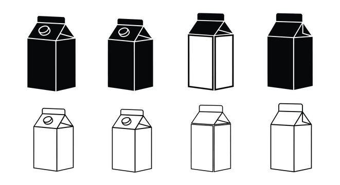 Black and white illustration of various milk carton shapes and orientations