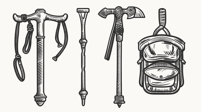 Woodcut style illustration featuring hiking poles and a backpack on a neutral background