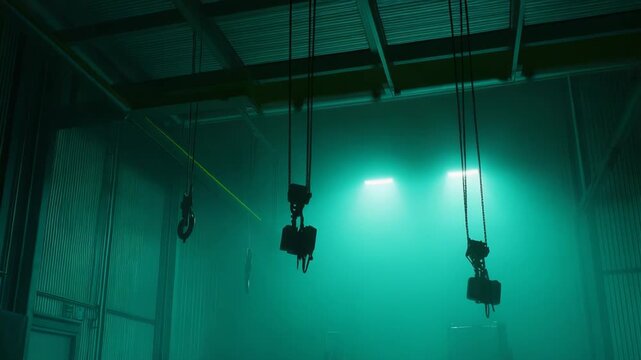 Empty industrial warehouse featuring an eerie atmosphere with green ambient lighting, a foggy environment, and multiple heavy duty hooks hanging from the ceiling