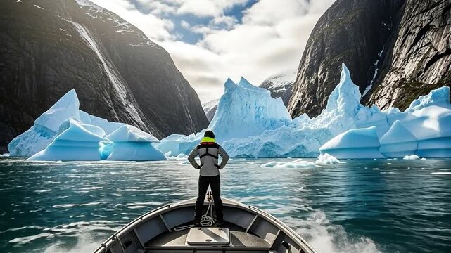 Solo male explorer on boat deck viewing massive blue icebergs in a remote glacial fjord