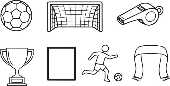 Black and white soccer icons on a including ball goal referee whistle trophy and scarf