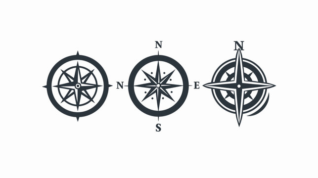 Three compass rose illustrations in different styles, dark gray on white background