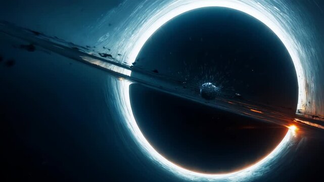 Planet Earth gradually approaches the event horizon of a colossal black hole and begins to break apart under the influence of powerful gravity