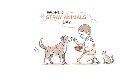 Fototapeta premium Illustration of a person kneeling and feeding a dog with a cat nearby on World Stray Animals Day with a design concept for awareness and animal welfare.