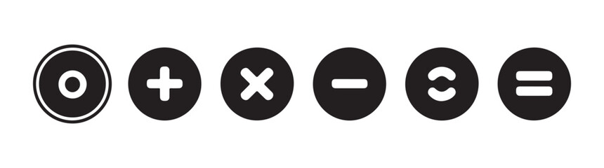Obraz premium Horizontal row of circular math icons showing zero addition multiplication minus and division.