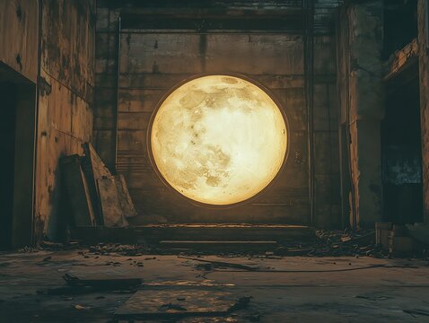 Surreal moonscape within ruins: A luminous lunar sphere in decay architecture