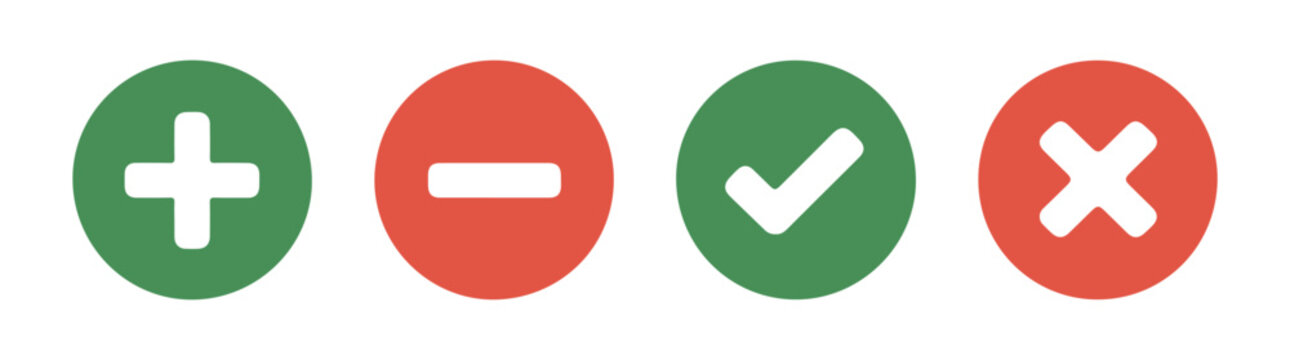 Circular flat web icons with plus minus checkmark and cross symbols in green and red colors.