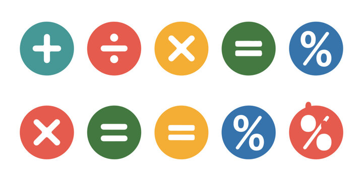 Collection of mathematical operation icons in colorful circles for education and calculation.