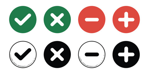 Fototapeta premium Checkmark and cross signs, minus and plus buttons. approve reject vector set with outlines and colors.