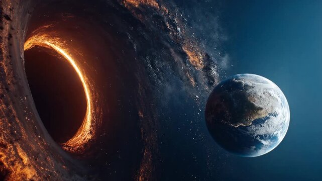Planet Earth is being pulled into the glowing orange vortex of a massive black hole among stars and clouds of cosmic dust