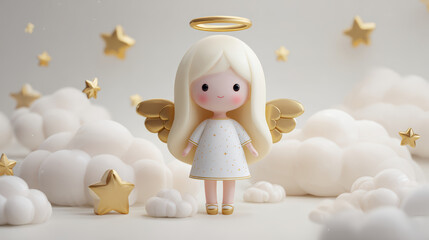 Fototapeta premium Cute angel doll golden wing halo cloud star white dress kawaii fantasy character toy cartoon