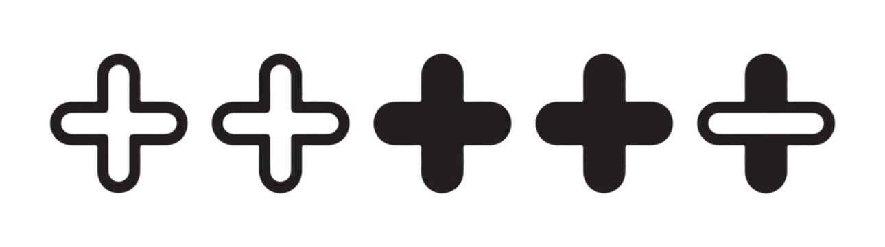 Rounded plus signs set with outline and solid variations for mathematical or add operations.
