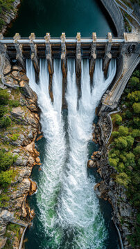 Aerial view dam hydroelectric water waterfall river canyon cliff forest power