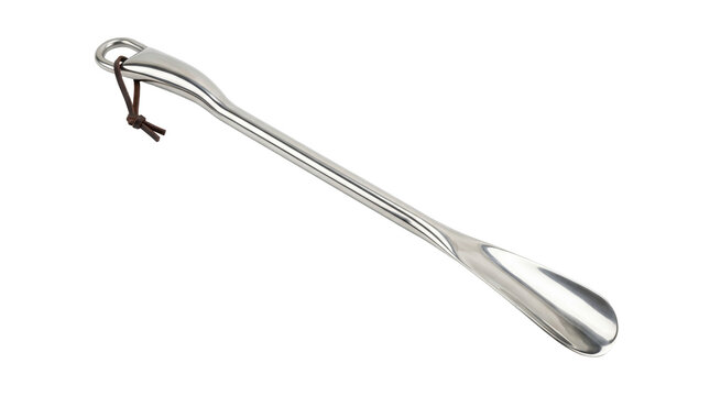 Long handled metal shoehorn with leather strap isolated on transparent PNG