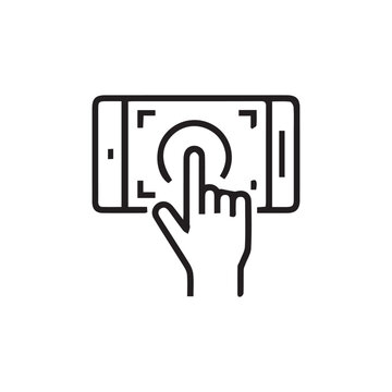 Clean black line icon of hand focusing smartphone camera. Professional mood, white background. Perfect for mobile app UI and photography projects.