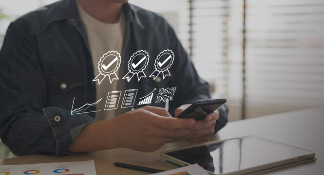 Certified business investment and financial growth strategy. Digital data analysis chart, approved corporate quality assurance management, smart economic planning, and successful stock market concept.