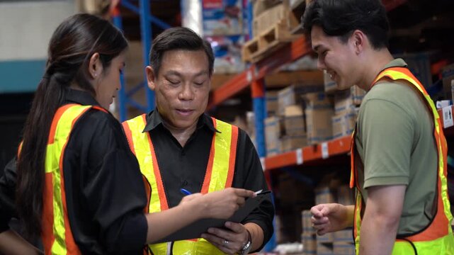 group of Asian warehouse workers talking and meeting. Management discussing inventory with clipboard in industrial logistics distribution center, teamwork, Manager teaching and training new employees